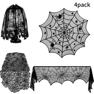 4-teiliges Halloween-tischdecken-set Mit Fledermaus-, Spinnennetz- Und Spitzenmotiven – Tischdekoration Und Lampenschirme Für Partys