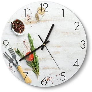 DEQORI Wanduhr 'Küchenkräuter und Gewürze' (Glas Glasuhr modern Wand Uhr Design Küchenuhr) bunt|weiß 30 cm x 30 cm
