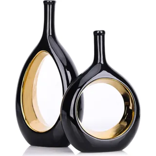 LCCCK 30 cm Hoch Vase Schwarze Gold Satz Von 2, Modern Keramik Vasen Klein Tischdeko, Boho Rund Vasen Pampasgras Deko, Ikebana Vase für Wohnzimmer, Fensterbank, Esstisch und Home Deko