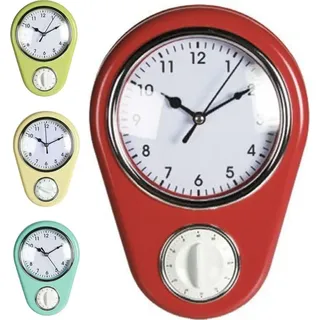 Retro Wanduhr Kitchen Küchenuhr mit Kurzzeitwecker - Rot/Grün/Beige