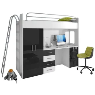 JV Möbel Etagenbett mit Schrank und Schreibtisch 86 x 180 x 204 cm Holz weiß