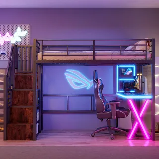 Merax Hochbett mit Schreibtisch 90x200 cm, Jugendbett Loftbett mit LED-Beleuchtung und Stauraum Metallbettgestell mit Lattenrost(ohne Matratze) für Kinder/Erwachsene (Schwarz)