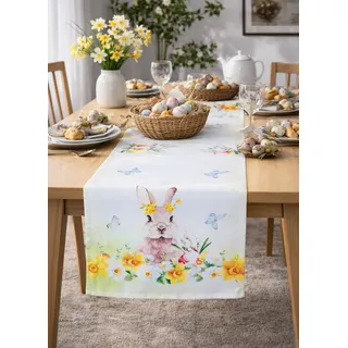 KAMACA Tischläufer Ostern & Frühling – 40 x 140 cm – Motiv Hasen & Osterglocken – Bunter Esstisch-Läufer aus Polyester – Waschbare Tisch-Dekoration für Küche & Wohnzimmer