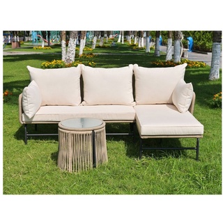 Odikalo Gartenlounge-Set Gartenmöbel Outdoor gewebtem Seil L-förmig Tisch Eisen Seilbezug Beige beige|weiß