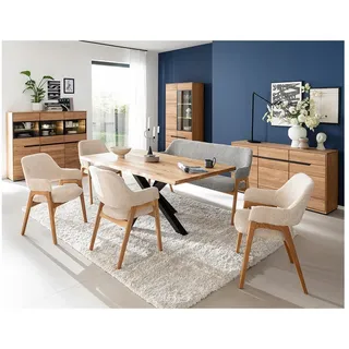 Lomadox Esszimmer-Set AVESTA-06, (Spar-Set, 4-St., Highboard Sideboard Vitrine), in Eiche teilmassiv, grifflos, LED-Beleuchtung, Esstisch 180x100 cm braun
