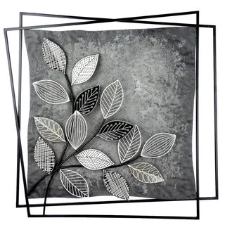 GILDE Metallbilder Wanddeko Bilder Metall Graphic – Moderne Wanddekoration Wohnzimmer – Wandbild 3D Metallbild Wand Deko Blumen Blätter Wall Decoration 77 x 77 cm Grau Schwarz