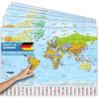 GOODS+GADGETS® Weltkarte XXL Poster 140x100cm (5 Stück), mit Flaggen | Idealer Wandschmuck für Globetrotter, scharfer 3D-Reliefdruck, 140x100cm große Papierkarte gerollt, World Map auf Englisch