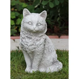 Beton Figur Katze sitzend Kopf gerade H 26 cm Dekofigur und Gartenfigur hell patiniert