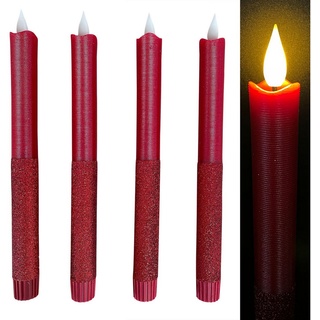 Online-Fuchs LED-Kerze 4 LED STABKERZEN im Set aus Echtwachs mit 6 Stunden Timer, 873 - (Rot, Rosé, Champagner, Silber, Taubenblau -, Flackernde Flamme), zweigeteilte Optik mit Glitzer rot