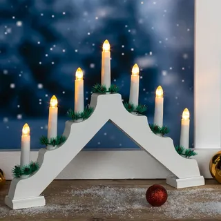 Lichterbogen aus Holz - 7 LED Kerzen warmweiss - Batteriebetrieben - Timerfunktion - Weihnachtsatmosphäre - 42.4x4.5x32cm - Weiss lackiert