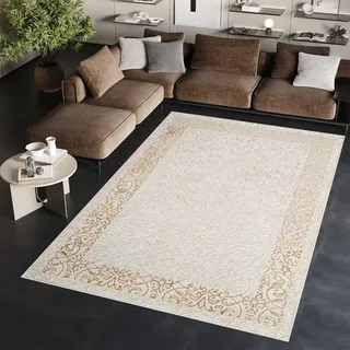 TAPISO Ares Teppich Kurzflor Glänzend Creme Beige Rahmen Blumen Floral Klassisch 3D Effekt Wohnzimmer Schlafzimmer ÖKO-TEX 180 x 250 cm