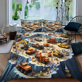 Ruiqieor Bettwäsche 135x200cm,Bagger LKW Auto Traktor Baufahrzeuge Motiv Bettwäsche Set 3teilig,1 Bettbezug+2 Kissenbezug 80x80 cm,3D Cartoon gedruckte Kinder Bettwäsche(#1)