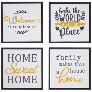 Mendler 4er-Set Wandbild HWC-N96, Wanddekoration Bilderrahmen Sprüche Sweet Home Welcome World Family, Holz Leinwand 30x30cm