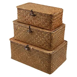 Omgoods – Handgefertigter Aufbewahrungskorb aus Rattan mit Deckel, Seegras, vielseitig einsetzbar - Braun