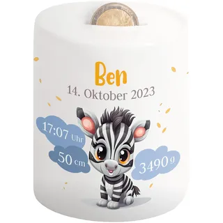 Kinder-Spardose mit Namen & Geburtsdaten personalisiert - Wolken-Motiv - Geldgeschenk für Neugeborenen & Baby - Sparschwein für Mädchen & Jungen - Geschenk zur Geburt, Taufe, Geburtstag (Zebra)