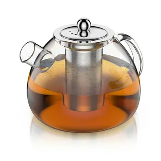 Arendo Teekanne Teebereiter für losen Tee, Kräuter & Früchtetee ideal für Kaltaufgüsse, 1,5 l, (Set, Glas Kanne, Teesieb), Borosilikatglas, hitzebeständig, inkl. feinmaschigem Edelstahlsieb silberfarben|weiß