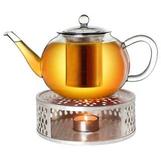 Creano Teekanne Creano Teekanne aus Glas 0,8l + ein Stövchen aus Edelstahl, 3-teilige, (Set) weiß