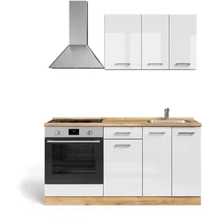 Vicco Singleküche R-Line, Weiß Hochglanz/Goldkraft Eiche, 160 cm mit Herdumbauschrank mit Arbeitsplatte, zur Integration von Elektrogeräten und Spüle vorbereitet