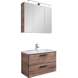 PELIPAL Badmöbel-Set Quickset 374, (3-St), Breite 75 cm, Spiegelschrank mit LED-Beleuchtung braun