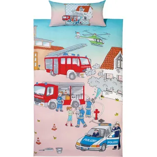 Erwin Müller Kinder-Bettwäsche, Bettgarnitur Polizei und Feuerwehr Renforcé bunt Größe 40x80 cm / 135x200 cm - temperaturausgleichend, strapazierfähig, mit praktischem Reißverschluss