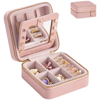 SONGMICS Schmuckkasten Reise, Schmuck-Reiseetui, Spiegel, Reißverschluss, Geschenkidee, Schmuckaufbewahrung tragbar, PU-Bezug, 11,4 x 11,4 x 6 cm rosa
