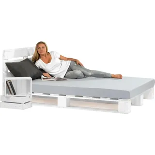 Lermowood Palettenbett M1 aus Holz 200 x 200 cm Weiß mit Kopfteil Holzbett 20cm Stabiles Seniorenbett Kinderbett Jugendbett Gästebett erhöhtes Einzelbett Bettgestell Futonbett Komforthöhe Naturholz