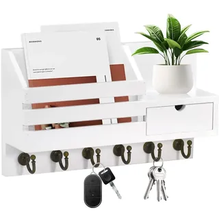UHETLET Schlüsselbrett mit ablage Schlüsselboard Schlüsselhalter Wandregal mit Schublade Schlüsselablage Holz Dekoratives Weiß Wandregal mit 6 Schlüsselhaken für Eingang Flur Schlafzimmer Wohnzimmer
