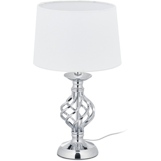 Relaxdays Tischlampe modern, Nachttischlampe Touch, 3 Stufen dimmbar, E14, Tischleuchte edel, 43,5 x 25 cm, silber/weiß