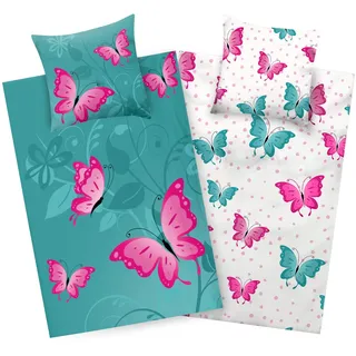 Aminata kids Bettwäsche 135x200 Schmetterling Kinder Mädchen 100% Baumwolle Schmetterlinge türkis | YKK Reißverschluss | Kinder-Wende-Bettwäsche-Set Tier-Motiv