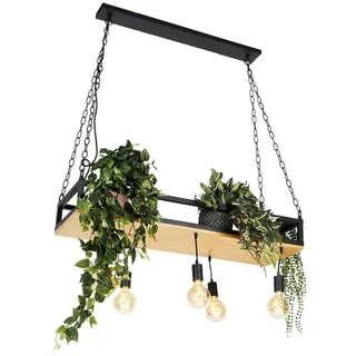 QAZQA 5-flg. E27 60 cm rechteckig schwarz mit Holz