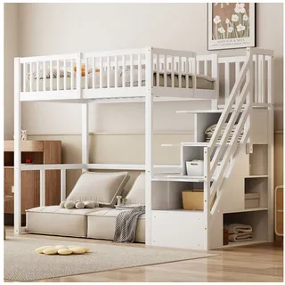 Merax Hochbett (viel Platz unter dem Bett, 1-St., Etagenbett Jugendbett Einzelbett, stabil & platzsparend) Kiefer Kinderbett 90x200cm mit Stauraumtreppe & Sicherheitsgeländer weiß