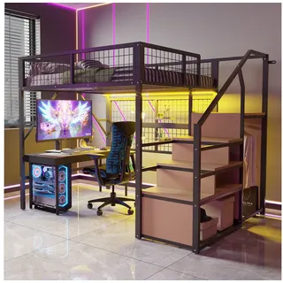 Celya Hochbett Eisenbett, Etagenbett, Hochbett, Etagenbett (mit Stauraum, offenem Kleiderschrank Schwarz, Metall-Hochbett mit APP-gesteuerten LED-Lichtleisten Treppe) Geeignet für Kinder und Jugendliche Vielseitiges schwarz