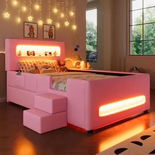 Merax Polsterbett Kinderbett 90x200 cm mit LED-Lichtleisten, Treppe, Schublade und Aufbewahrungstaschen, Plattformbett, Jugendbett, Flachbett, Rosa - Rosa