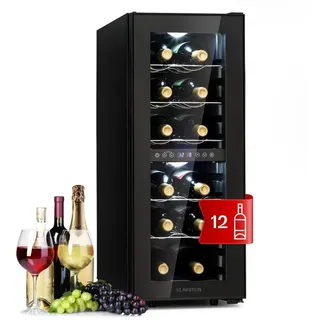 Klarstein Shiraz 12 Duo Weinkühlschrank Freistehend, Kleiner Getränkekühlschrank Schmal, 2 Zonen Weinkühlschrank mit Glastür, Indoor/Outdoor Beersafe, Kühlschrank Klein mit UV-Schutz, 5-18°C, Flaschen