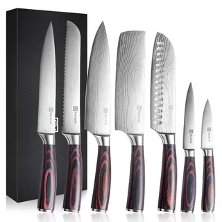 PAUDIN Messerset 7-teilig, Küchenmesserset aus hochwertigem Edelstahl, Profi Kochmesser mit scharfer Klinge, Küchenmesser mit ergonomischem Holzgriff, langlebiges Messer Set, Geschenkbox