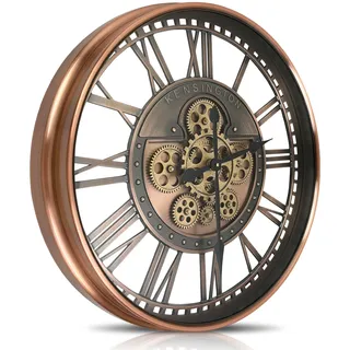 DORBOKER Wanduhr Groß mit Beweglichen Zahnrädern Moderne Industrial Steampunk XXL Vintage Retro Antike Metall Uhr für Küche Wohnzimmer Zuhause Bar Schule(53.5cm, Rotes Kupfer Romische Zahlen)