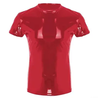 MuchLuckystar Herren Wetlook-T-Shirt, PVC, Clubwear, kurzärmelig, glänzendes Oberteil, Kostüm, Kunstleder, glänzend, für Party, Nachtclub, Bühne, Festival, Rave, Verkleidung