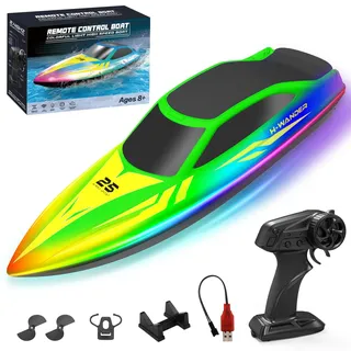WUQNGI Ferngesteuertes Boot mit 2 Batterien, RC Speedboot für Kinder & Erwachsene, High Speed Motorboot ab 6 Jahre, Wasserboot mit LED-Licht, 2,4 GHz Rennboot Spielzeug Geschenk für Pool Meer Seen