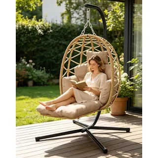 Hängesessel mit Gestell Outdoor, Hängekorb Sessel mit Fußablage und Dicke Kissen, Rattan Hängesessel mit Metallgestell, Hängestuhl für Indoor, Garten, Balkon, Terrasse, Bis 150kg