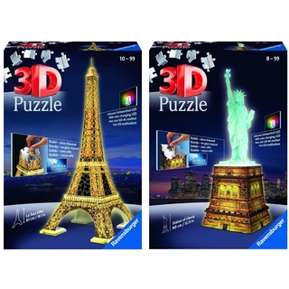 Ravensburger 3D Puzzle Eiffelturm bei Nacht mit 216 Teilen, für Kinder und Erwachsene & 3D Puzzle Freiheitsstatue bei Nacht, für Kinder und Erwachsene, Wahrzeichen von New York im Miniatur-Format