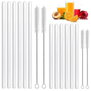 Annvchi Glasstrohhalme Wiederverwendbar 16 Stück - 6 Kurze Glas Strohhalm + 6 Lange Gerade Strohhalm Glas+ 4 Reinigungsbürsten, Geeignet für Bubble Tea, Slush, Cocktail, Säfte