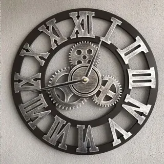Große, Geräuschlose 3d-wanduhr Im Retro-stil Aus Holz Mit Zahnrädern, Römischen Ziffern Und Europäischem Steampunk-industrie-dekor Für Wohnzimmer Und Bar, Silberfarben, 40 X 40 Cm