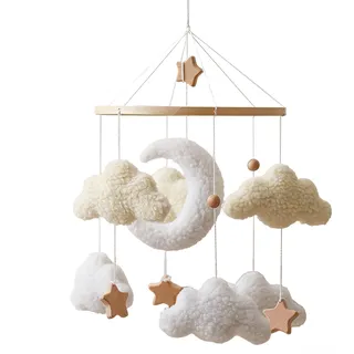 Ueiwffzo 3D Wolken Mond Sterne Mobiles Baby, Babybett Mobile Hölz Windspiele Baby Mobile Wickeltisch Anhänger, Baby Geschenk für Neugeborene Jungen Mädchen