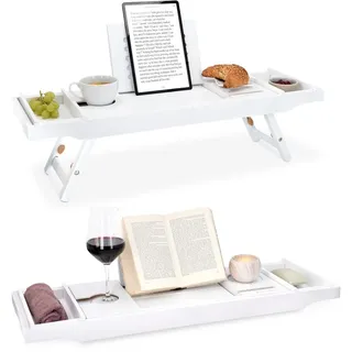 Navaris Bambus Badewannenablage Frühstückstablett ausziehbar - Buch Ablage Weinglas Halterung - Tablett für Badewanne und Bett - aus Holz in Weiß
