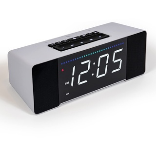 Sandman Clocks Doppler Smart Wecker mit Alexa, Nachttisch Alexa Uhr mit 6 USB Ladeanschlüssen, WLAN, Stereo Bluetooth Lautsprecher, Auto Dimmer, in Mond Grey