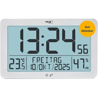 TFA Dostmann Digitale Wanduhr mit Funkuhr und Temperatur, 60.2568.02, mit Luftfeuchtigkeitsmesser, auch für Senioren geeignet, Tischuhr, inkl Hintergrundbeleuchtung, Wochentage in 7 Sprachen, weiß