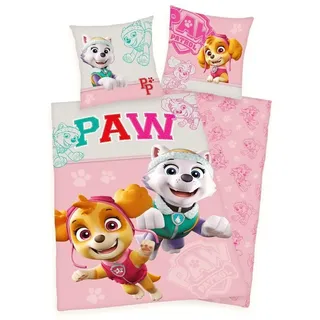 Herding Kinderbettwäsche Paw Patrol 135x200cm Hunde Patrouille, Renforcé, 2 teilig, Everest und Skye, mit Knopfleiste rosa