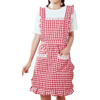 GudGmtoy Niedliche Küchenschürzen für Frauen mit Taschen, verstellbare Kochschürze, Damen, Backen, Baumwolle, Rüschen, Schürze, Kleid, zum Backen, Kochen, Mutter, Mädchen, Geburtstagsgeschenk, Rot, - 87x 70cm (L x W)/ 34.2" 27.55"