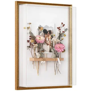 krasspedia Bilderrahmen zum Basteln DIY- Set Brautstrauß aufbewahren helga, 30x40 cm, Objektrahmen tief, Bilderrahmen zum Befüllen,Hochzeitsgeschenk, Brautpaar, Erinnerungsbox goldfarben