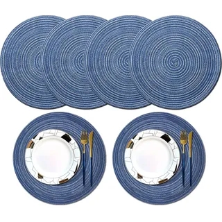 6 Stück Rund Gewebte Tischsets, 38cm Platzset Abwaschbar Aus Baumwolle, Hitzebeständig für Party, Hochzeit, Küche, Restaurant (Blau)
